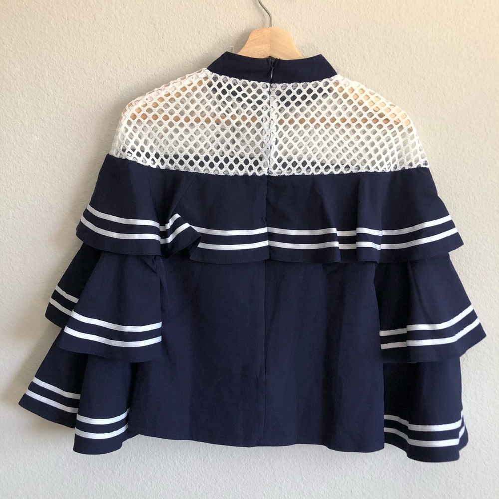 2 left . GRACIA MESH SHOULDER DETAILED RUFFLE TOP - Picture 2 of 4